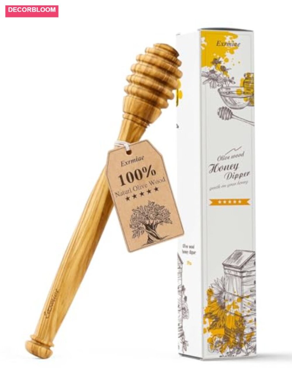 Natural Olive Wood Honey Dipper, 6.3 Inch, Durable & Warp-Resistant